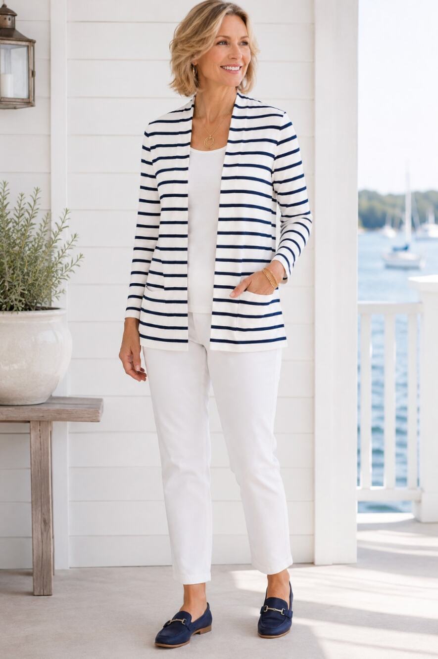 Chico's Striped Cotton The Ultimate Tee Collection Cotton Nautical Cardigan SZ 0